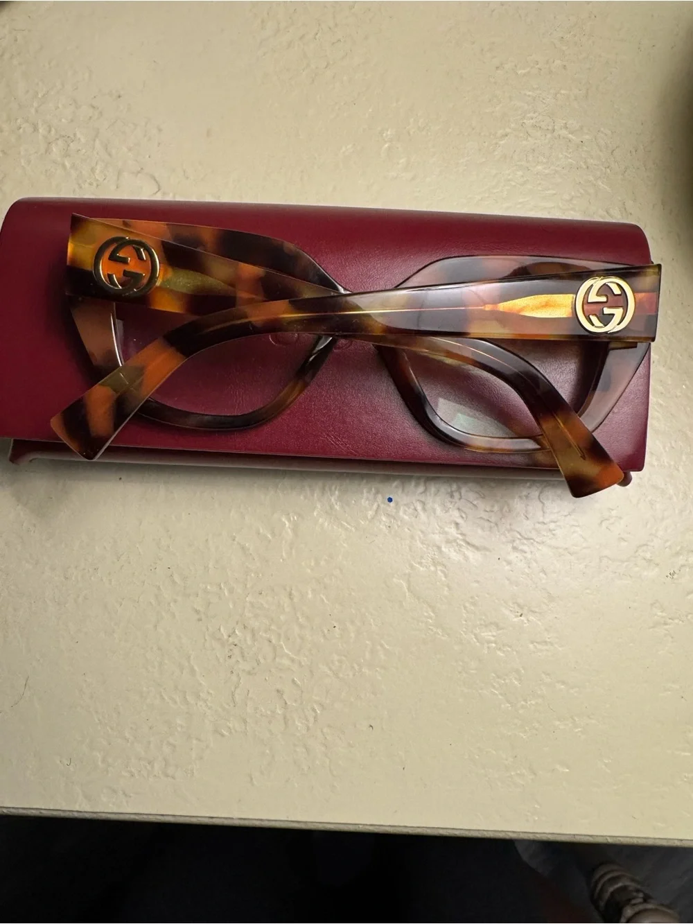 Gucci Tortoiseshell Cat-Eye Glasses with Burgundy Case